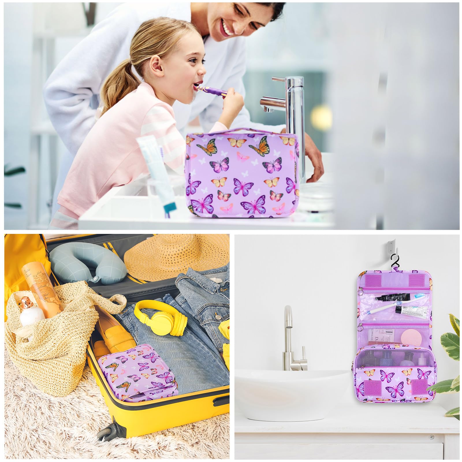 Waterproof Hanging Toiletry Bag for Girls - Butterfly Purple Travel Cosmetic Organizer | Kids Wash Bag for Toddler Travel, School & Sleepovers | Portable Makeup Storage for Bathroom & Vacation
