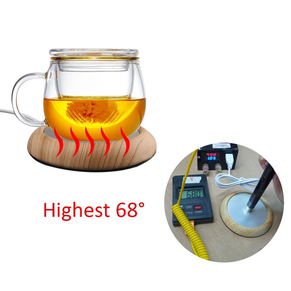USB Coffee Mug Warmer - Electric Heating Plate for Office & Home - Wood Grain Design Keeps Coffee, Tea & Beverages Warm - Perfect for Desks, Nightstands & Gift Giving (Light Brown)