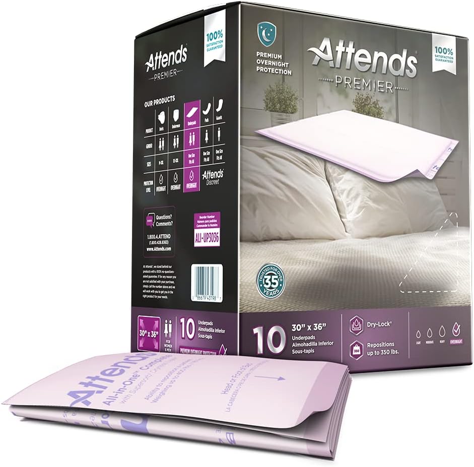 Attends Premier Underpads, 30x36 Inch - Super Absorbent Bed Pads for Incontinence Protection - Ideal for Home Care, Hospitals & Elderly Use