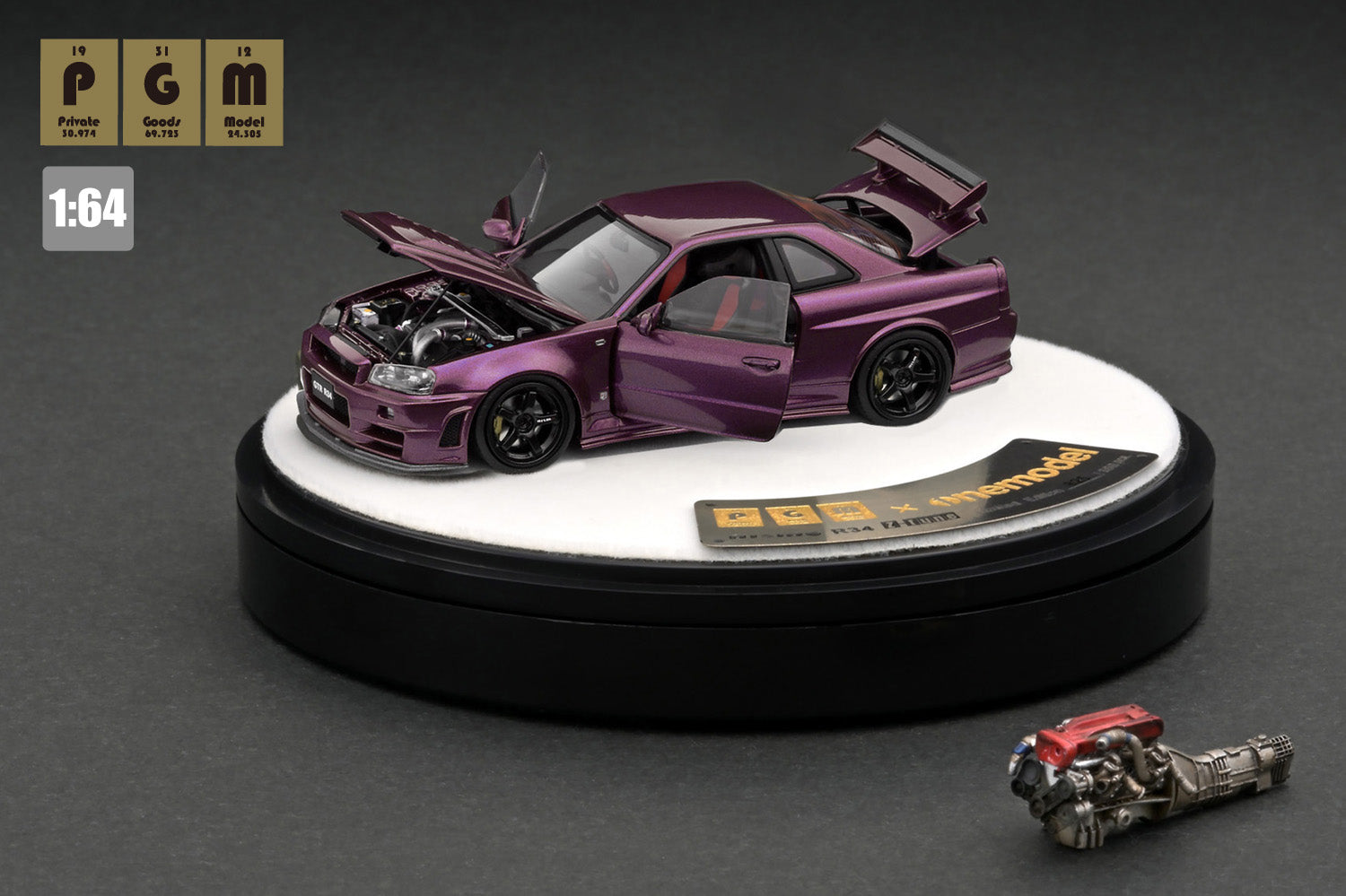 1:64 Scale PGM x One Model Nissan Skyline GT-R R34 Diecast Car - Midnight Purple Luxury Edition | Collectible Model Vehicle for Display, Racing Enthusiasts & Japanese Car Fans
