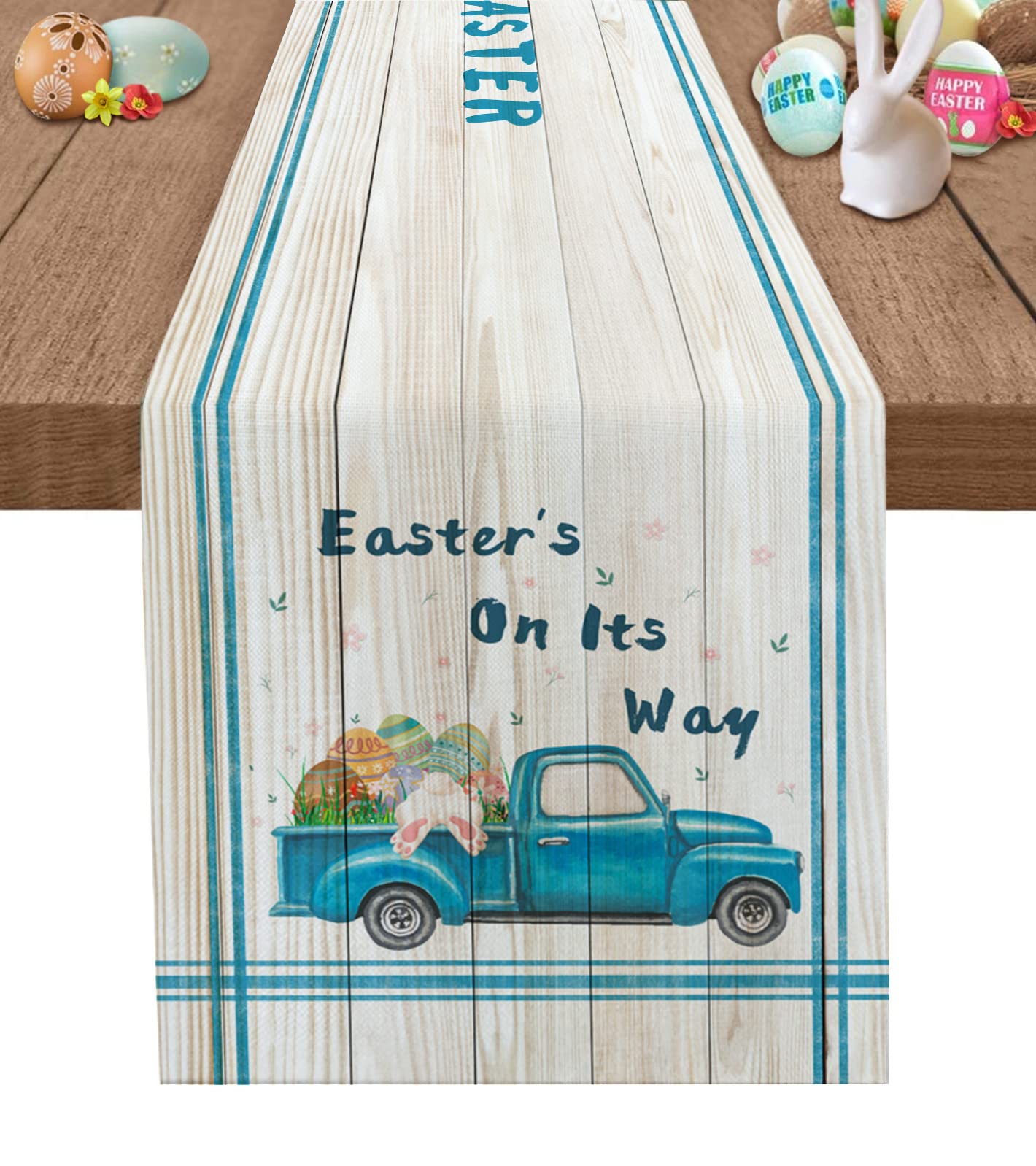 Easter Table Runner 36 Inches - Blue Farm Truck Cotton Linen Spring Tablecloth for Wedding, Party, Dining & Holiday Decor - Farmhouse Style with Bunny Tail & Egg Design - Perfect for Easter Brunch, Spring Tea Parties & Farmhouse Dining Tables
