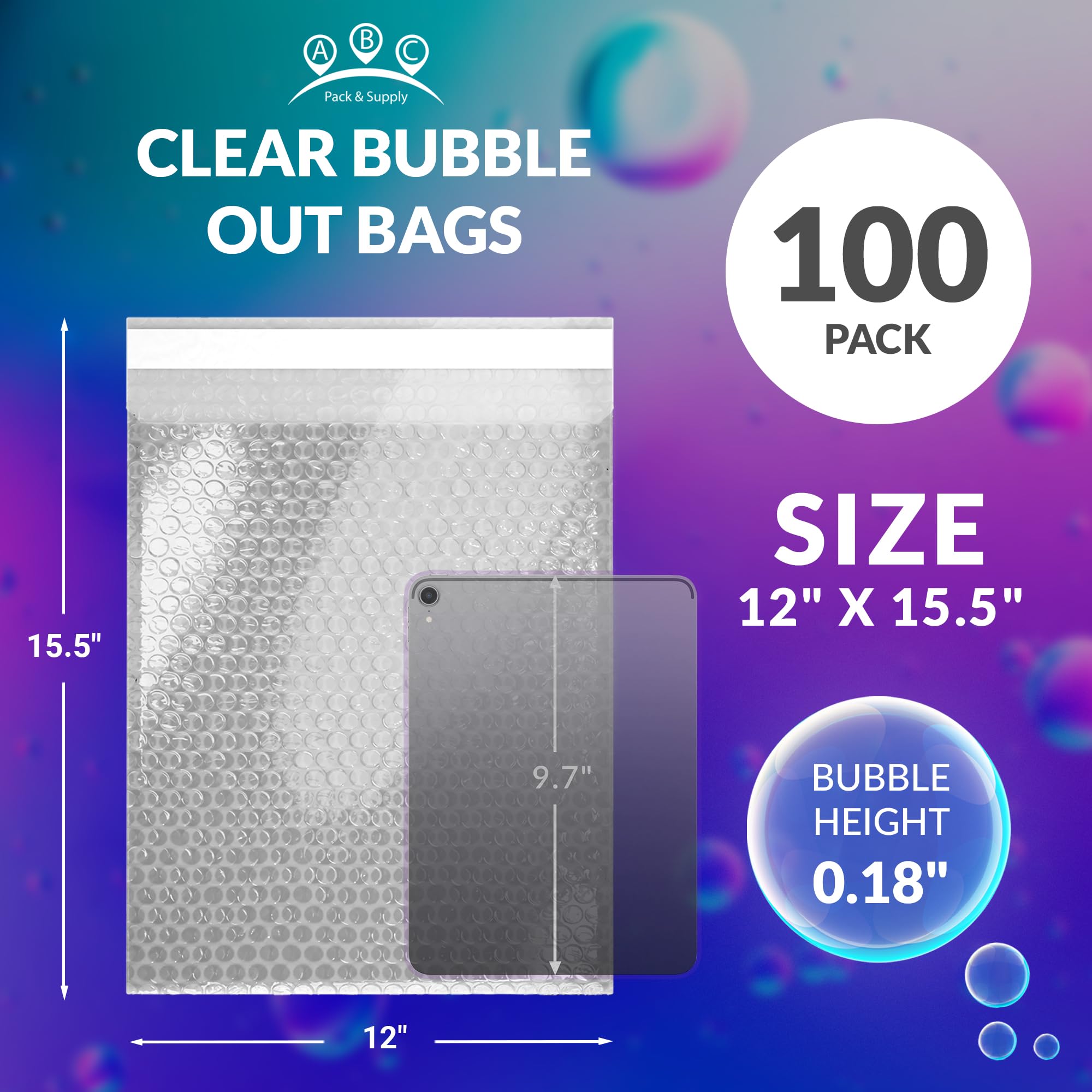ABC Clear Bubble Mailers 12x15.5 Inches - 100 Pack Polyethylene Self-Seal Bubble Envelopes for Shipping, Packing & Protection | Perfect for Ecommerce, Small Business & Online Sellers | Waterproof Cushioned Mailing Pouches for Jewelry, Electronics & Fragile Items