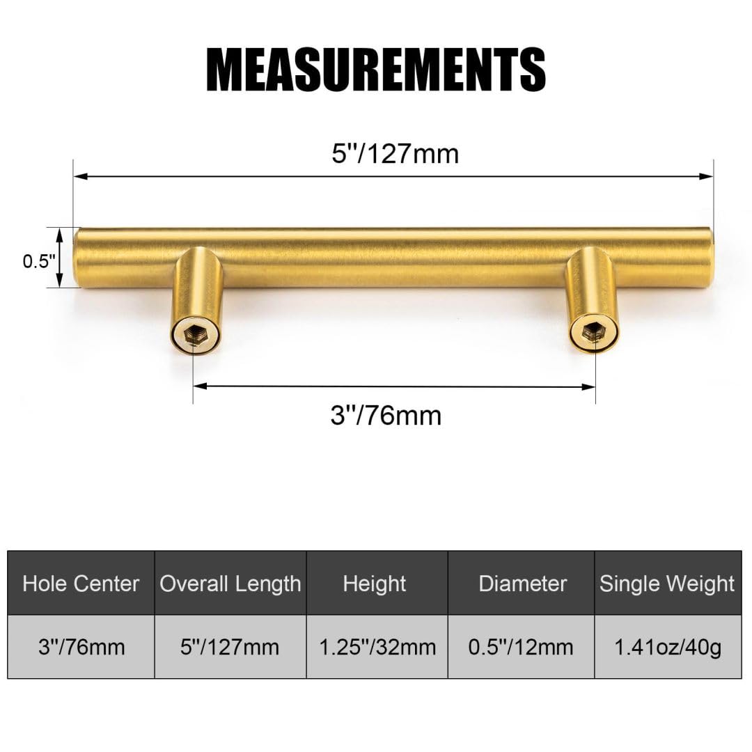 15 Pack 5 Inch Stainless Steel Cabinet Pulls - Brushed Brass Drawer Handles for Kitchen Cabinets, Dressers & Cupboards (3