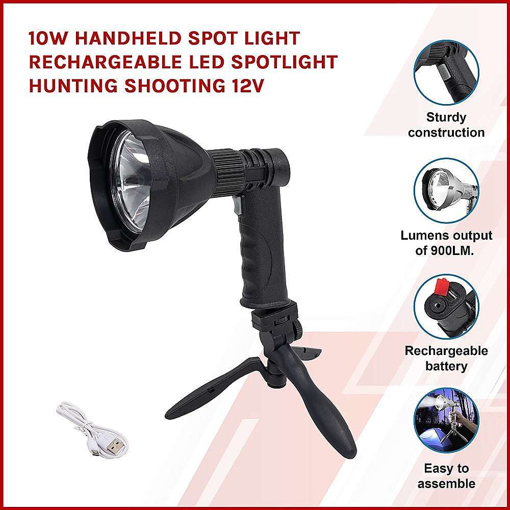 10W Rechargeable LED Handheld Spotlight - 12V Bright Flashlight for Hunting, Shooting, Camping & Outdoor Adventures - Waterproof & Durable for Night Use
