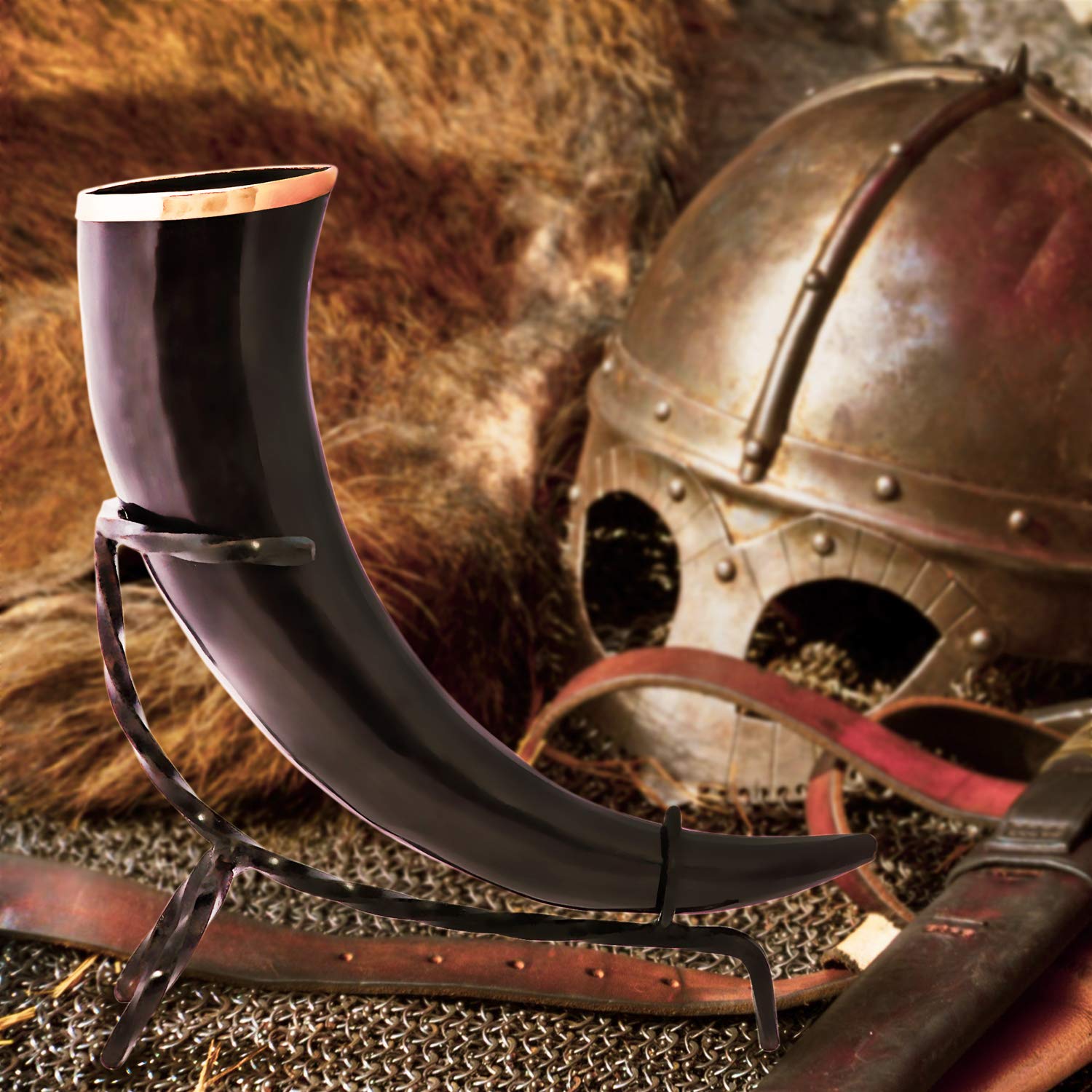**Authentic Viking Drinking Horn with Iron Stand - 16 oz Medieval Beer & Mead Horn Cup - Handcrafted Brass Adornments & Burlap Gift Bag - Perfect for Renaissance Fairs, Viking Themed Parties & Historical Reenactments (Natural, Polished)**
