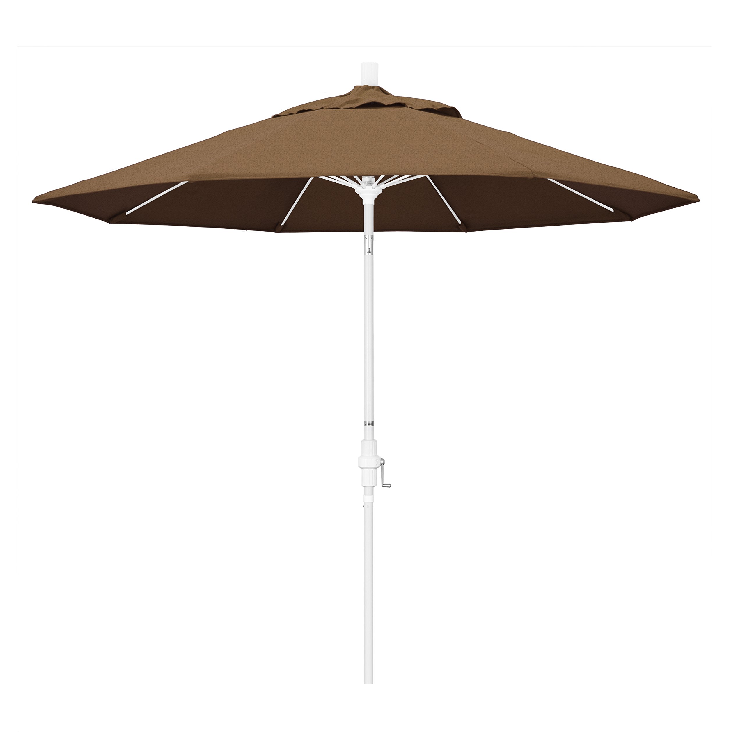 9' Round California Patio Umbrella - Crank Lift with Tilt Function, Aluminum Pole & Fiberglass Ribs, White Finish & Teak Wood - Perfect for Poolside, Backyard, and Outdoor Dining Areas