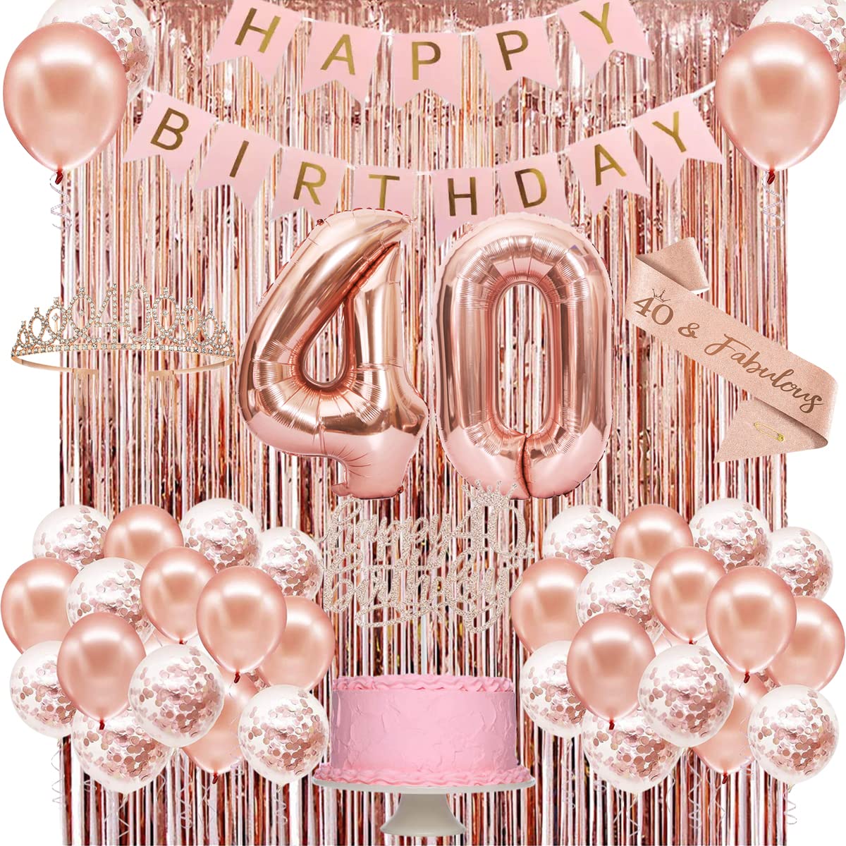 Rose Gold 40th Birthday Party Decorations Set for Women - Banner, Crown, Sash, Cake Topper & Number Balloons - Elegant 40th Birthday Party Supplies for Women's Milestone Celebration - Perfect for Birthday Parties, Surprise Events & Photo Backdrops
