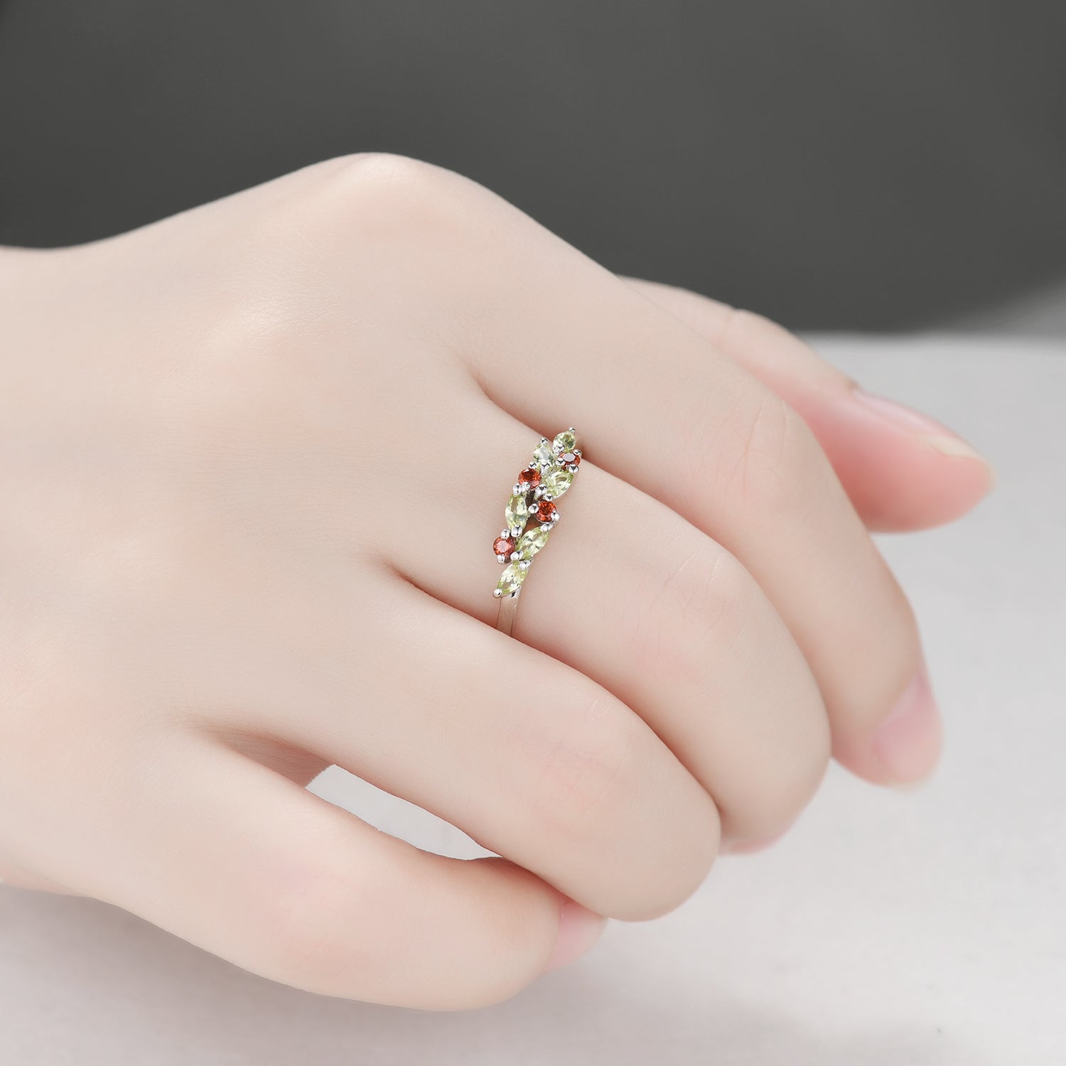 Peridot Garnet Cluster Wedding Band in 14K White Gold - Multi-Color Gemstone Ring for Women | Anniversary, Engagement & Bridal Jewelry Gift