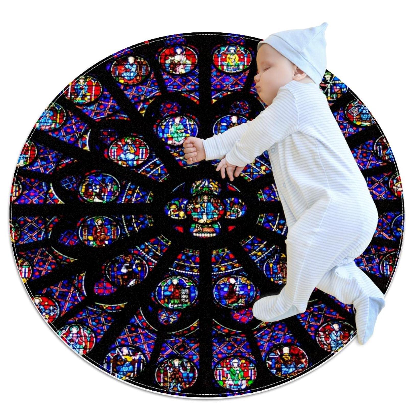 Non-Slip Round Area Rug - Stained Glass Design Polyester Floor Mat for Kids Room, Bathroom, Living Room & Bedroom - Perfect for Home Decor and Safety