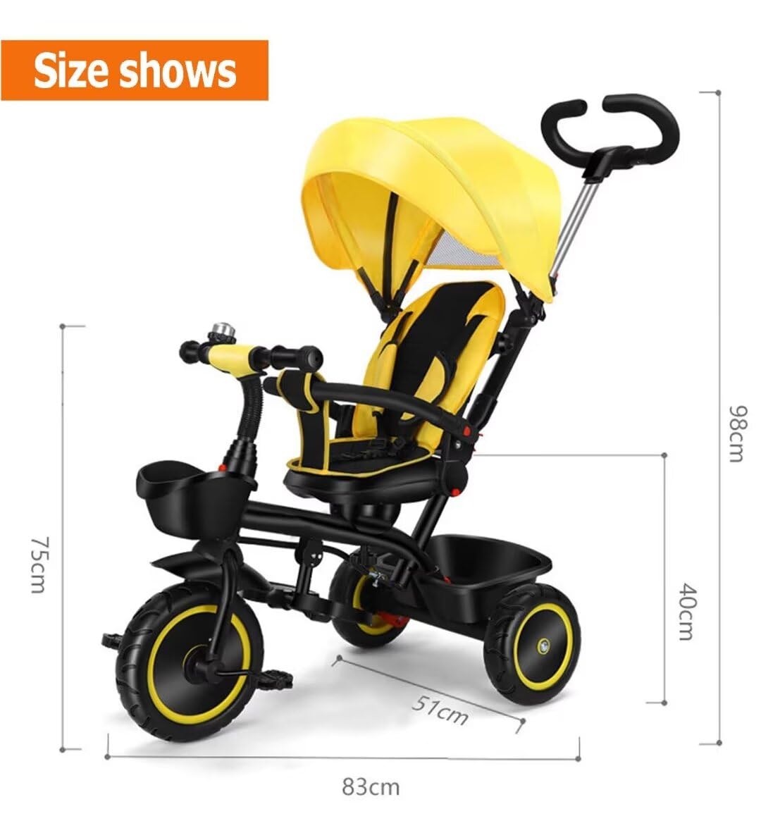Two-Way Reversible Toddler Stroller Tricycle with Adjustable Seat, Safety Belt & Guardrail - Parent Steering Handle & Dual Rear Brakes - Black/Yellow Foam Wheels for Park Rides & Neighborhood Walks