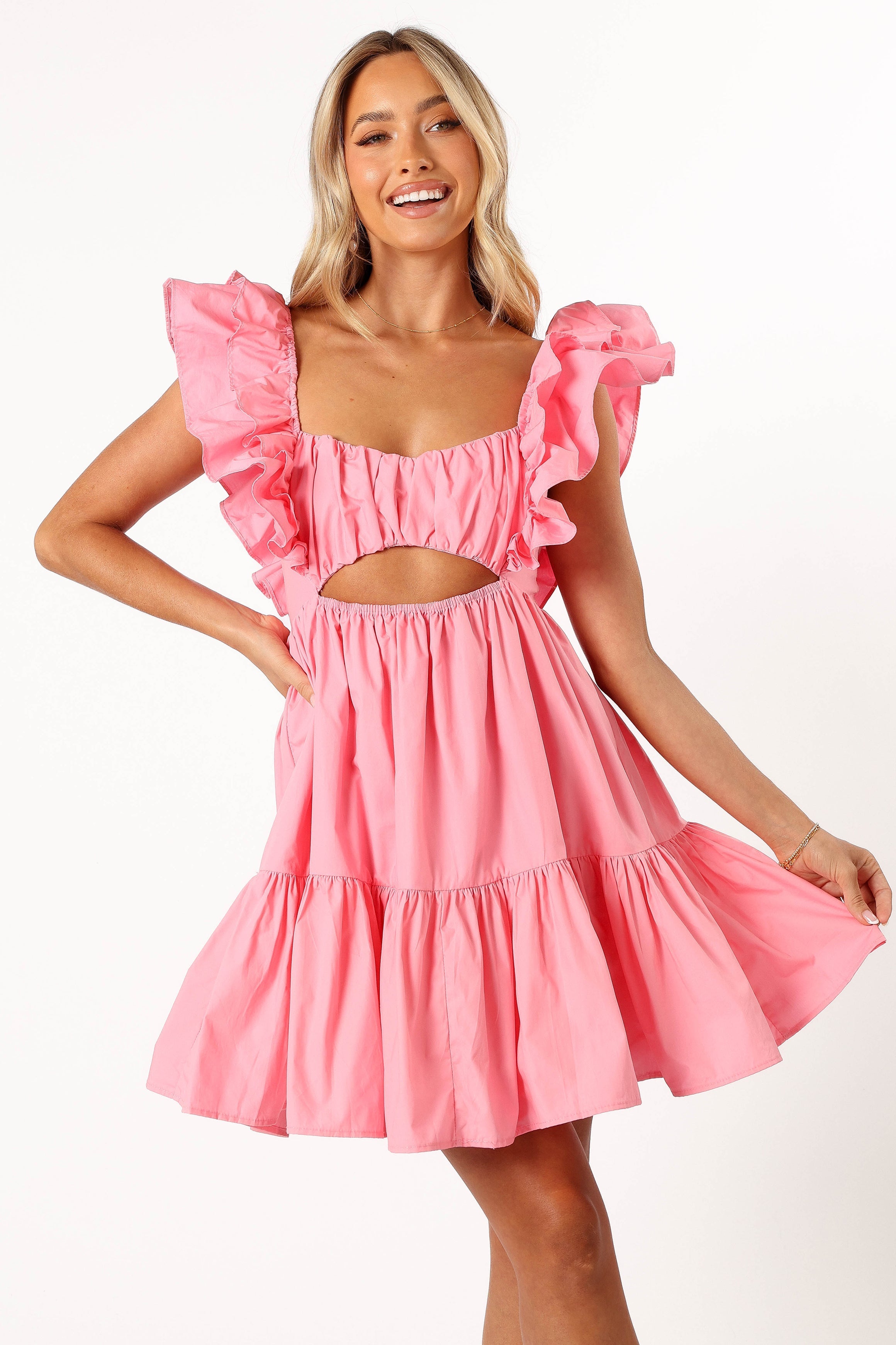 Amias Floral Print Frill Sleeve Mini Dress - Candy Pink Summer Party Dress for Women, Perfect for Beach Vacations, Date Nights & Cocktail Parties
