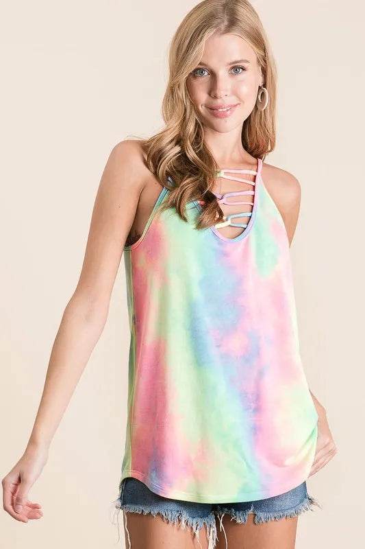 BiBi Tie Dye Terry Caged Neck Knit Camisole Top - Women's Fashion Summer Boho Crop Tank - Perfect for Beach, Music Festivals & Casual Outings