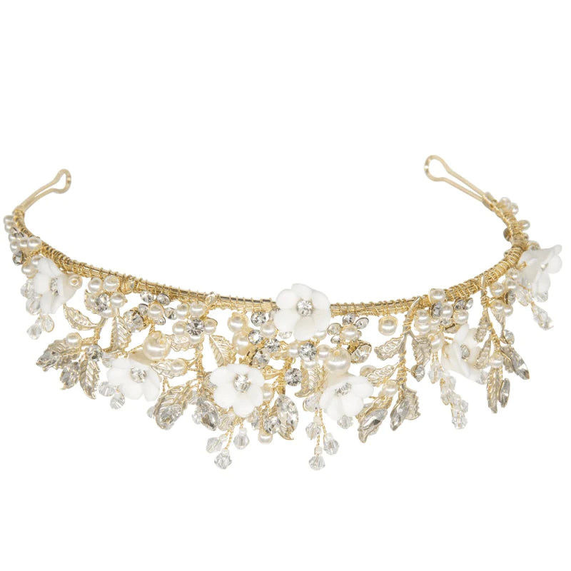 Elegant Floral Bridal Tiara with Porcelain Flowers, Crystals & Pearls - Vintage Wedding Hairpiece for Brides, Bridesmaids & Flower Girls - Perfect for Weddings, Prom & Special Occasions