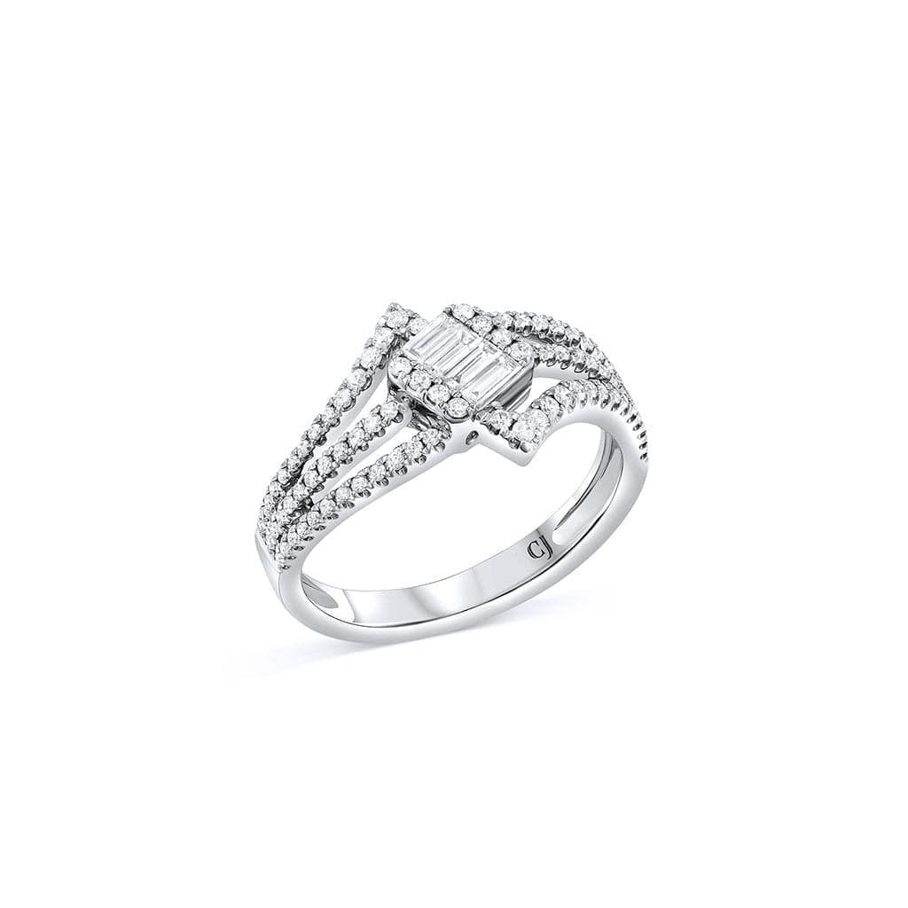 18K White Gold Diamond Offset Square Triple Split Shank Ring for Women - Elegant Wedding, Engagement & Anniversary Jewelry Gift