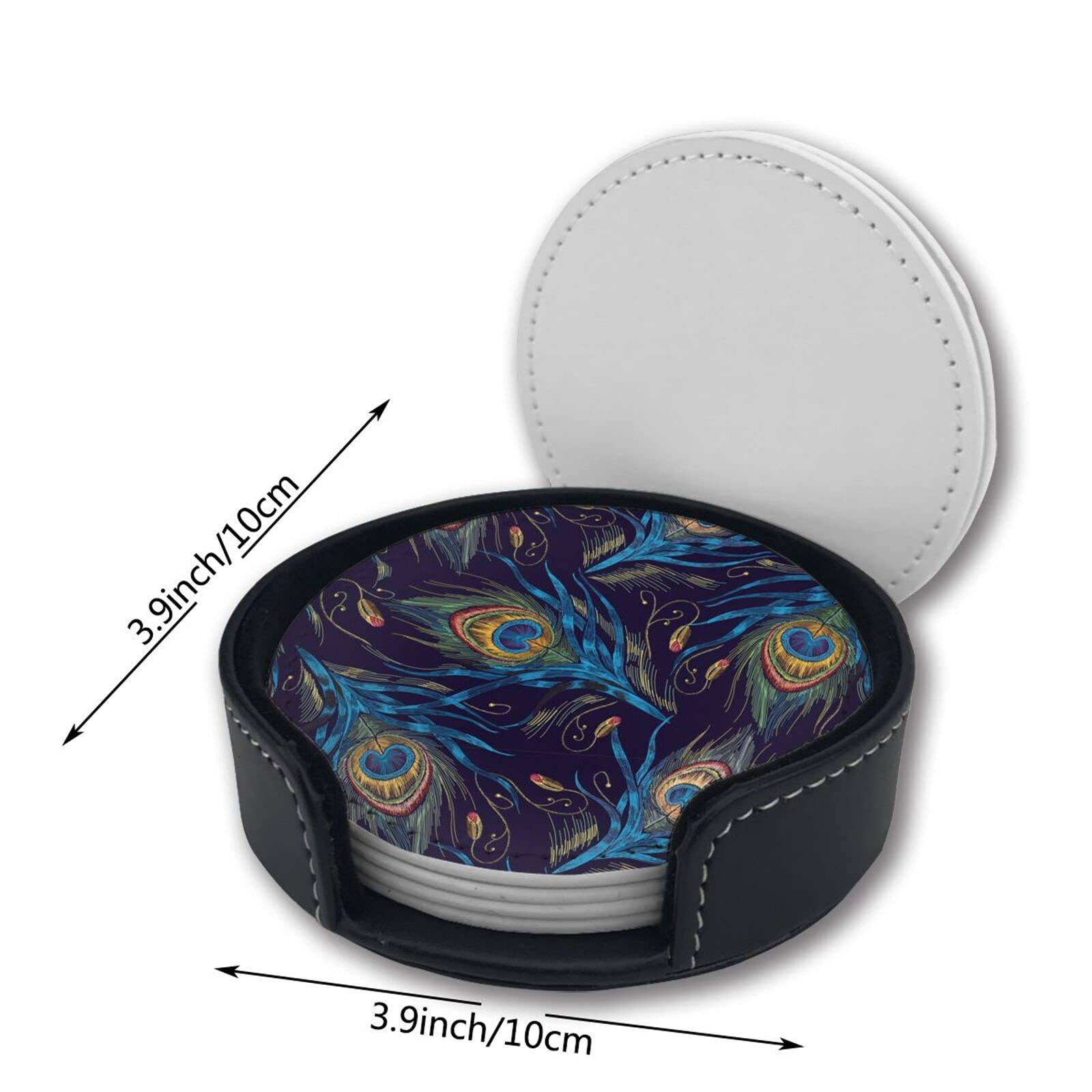 6-Pack Peacock Feather Leather Drink Coasters with Holder - Elegant Bar & Table Protection for Wine Glasses, Coffee Mugs, and Cocktail Cups - Perfect for Home Decor, Dinner Parties, and Gifts