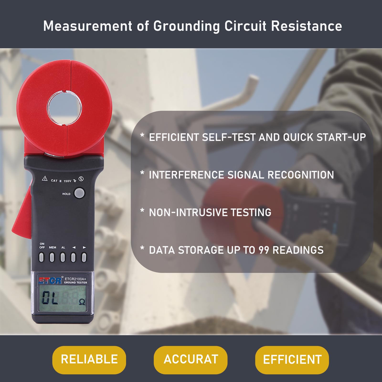 ETCR2100A+ Digital Clamp Ground Resistance Tester - 0.010Ω to 200Ω Range, Double Insulation Protection - Perfect for Electrical Maintenance, Solar Panel Installation & Industrial Safety Testing