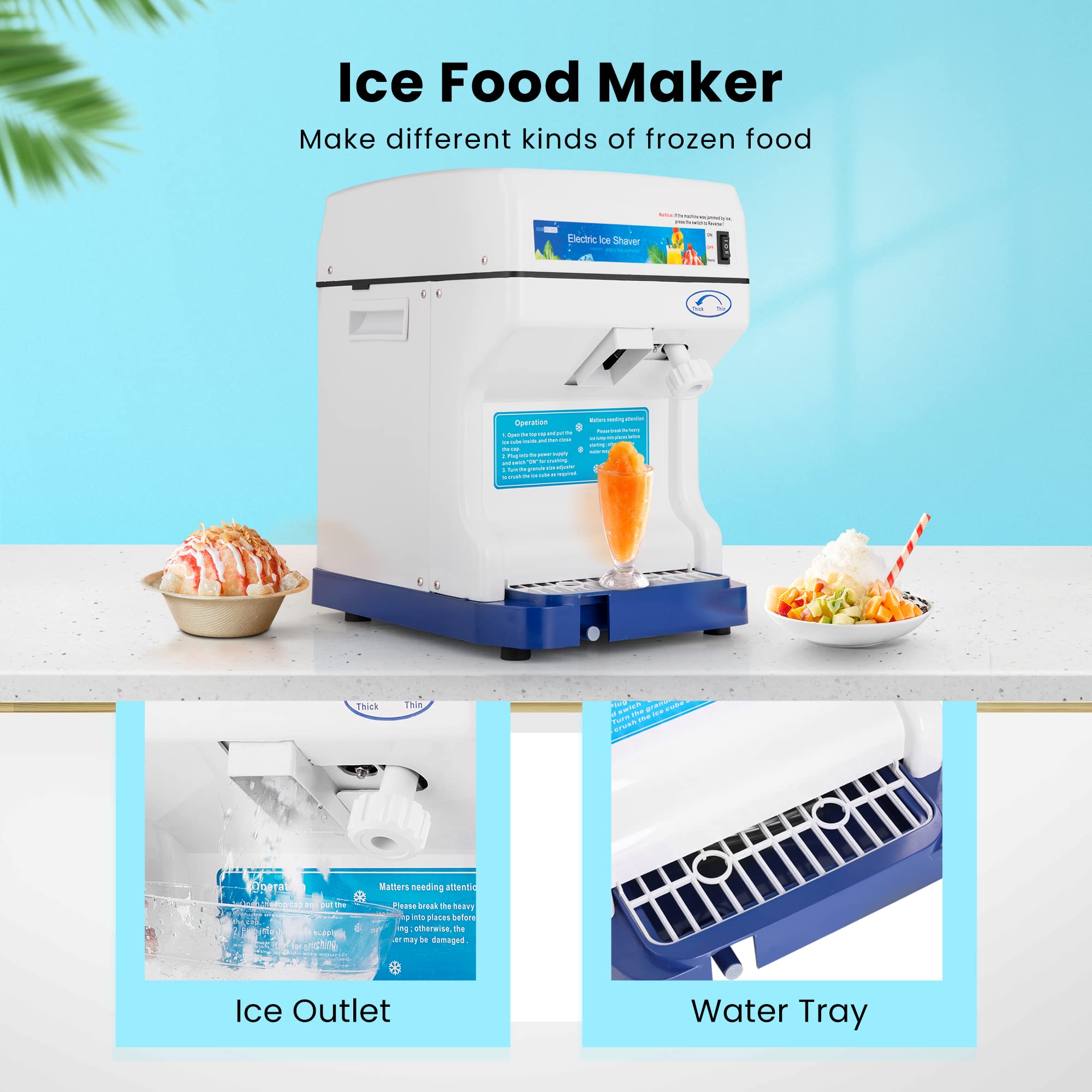 VIVOHOME Electric Ice Crusher Shaver Machine - 265lbs/hr Commercial & Home Use - Blue Snow Cone Maker for Parties, Bars, Restaurants & Summer Treats