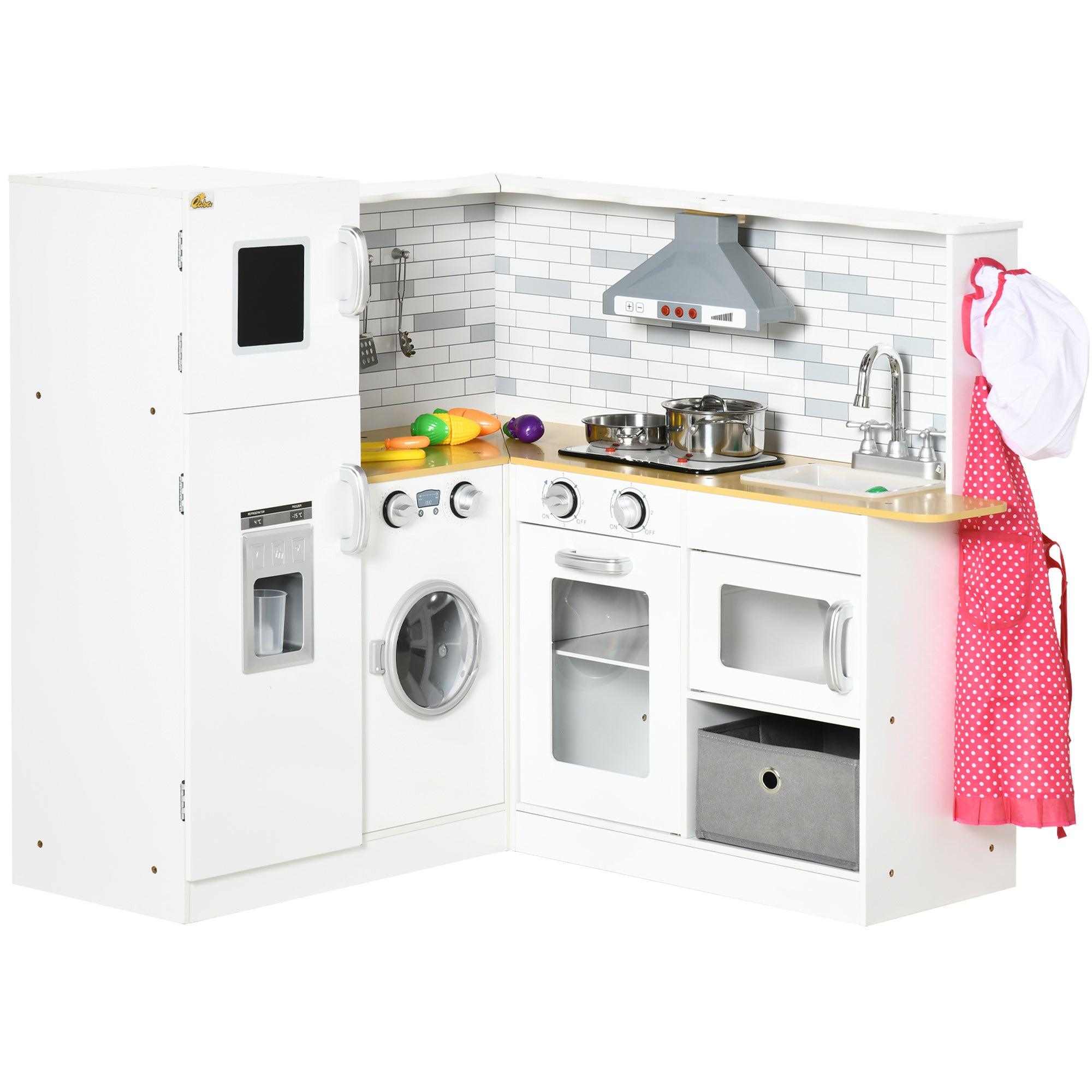 **Large Wooden Play Kitchen Set for Kids Ages 3-6 – Interactive Corner Kitchen with Sound Effects, Spacious Countertop, Washing Machine, Food Toys & Ice Maker – Perfect for Pretend Play, Birthday Gifts & Daycare Fun (White)**