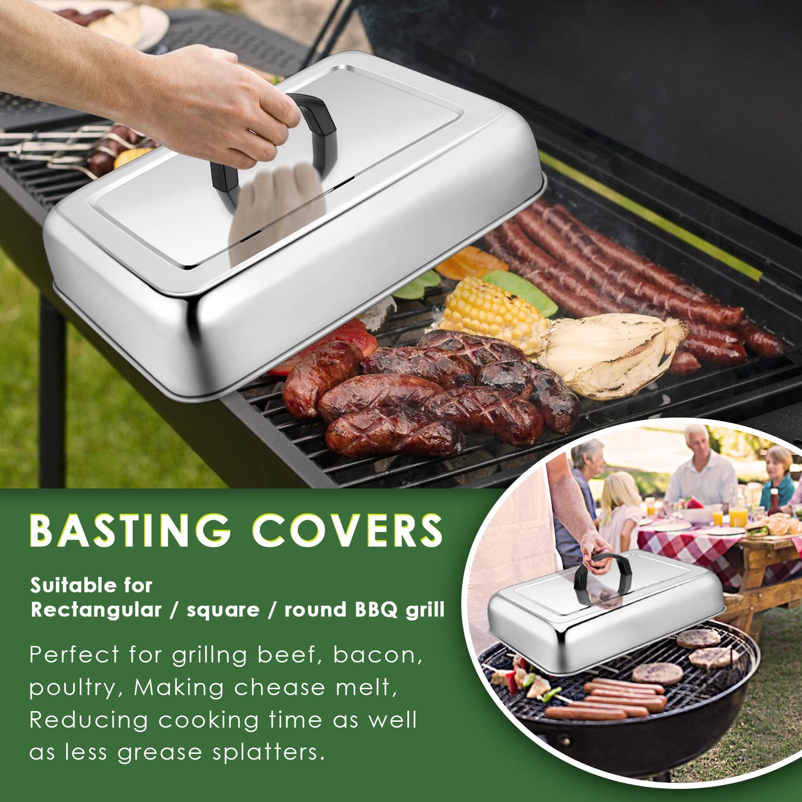 13 x 9.8 Inch Stainless Steel Basting Cover Melting Dome - Joyfair Rectangular Cheese Melt Lid for Flat Top Griddle - Heat-Resistant Handle & Screwdriver - Dishwasher Safe - Perfect for Outdoor/Indoor BBQ, Burgers & Melting Cheese