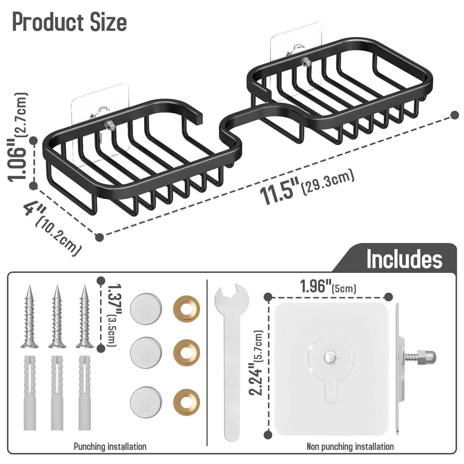 2-Pack Rustproof Aluminum Soap Dish Holder for Shower Wall - No Drill Installation, Square Bathroom Soap Tray & Kitchen Sponge Holder (Black) | Perfect for Showers, Bathtubs, and Sink Areas