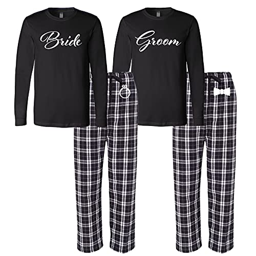 Bride & Groom Pajama Set - Black & White Plaid Cotton Pajamas - Matching Couples Sleepwear for Wedding Gifts & Honeymoon - Perfect for Anniversary, Valentine's Day & Romantic Getaways