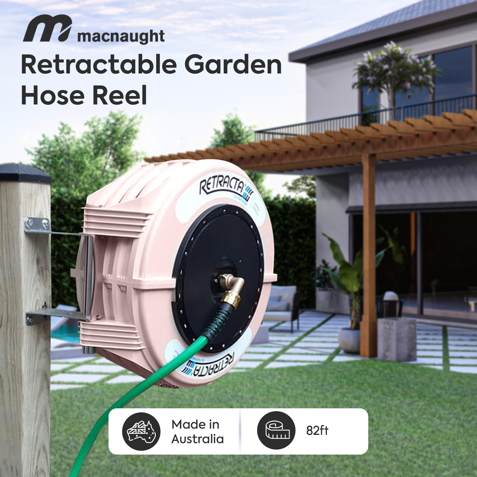 Macnaught Retractable Garden Hose Reel 82 Ft - Heavy Duty Wall Mount Water Hose with 180° Metal Swivel Bracket for Easy Outdoor Watering | Perfect for Lawns, Gardens & Car Washing (Beige)