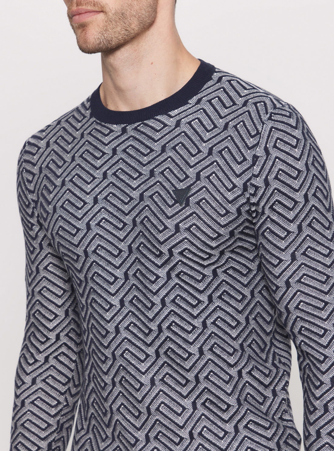 Eco-Friendly Blue Geometric Print Knit Sweater for Women - Stylish Casual Pullover for Fall & Winter Outfits | Perfect for Office, Date Night and Weekend Wear