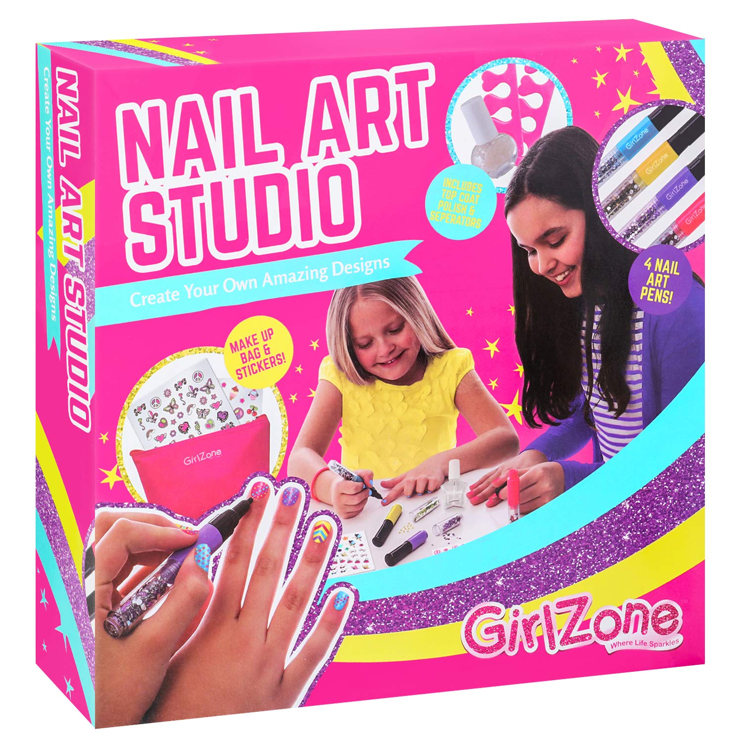 GirlZone Nail Art Kit with 3 Salon Pens, 500+ Nail Stickers & Makeup Bag - Perfect for DIY Manicures, Birthday Gifts for Teens & Women - Home Spa, Parties, Self-Care Days