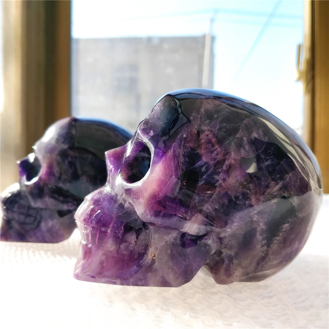 Premium Natural Brazilian Amethyst Hand-Carved Skull - Healing Crystal Stone for Meditation, Reiki & Spiritual Decor - Unique Folk Art Gift for Collectors & Home Decor