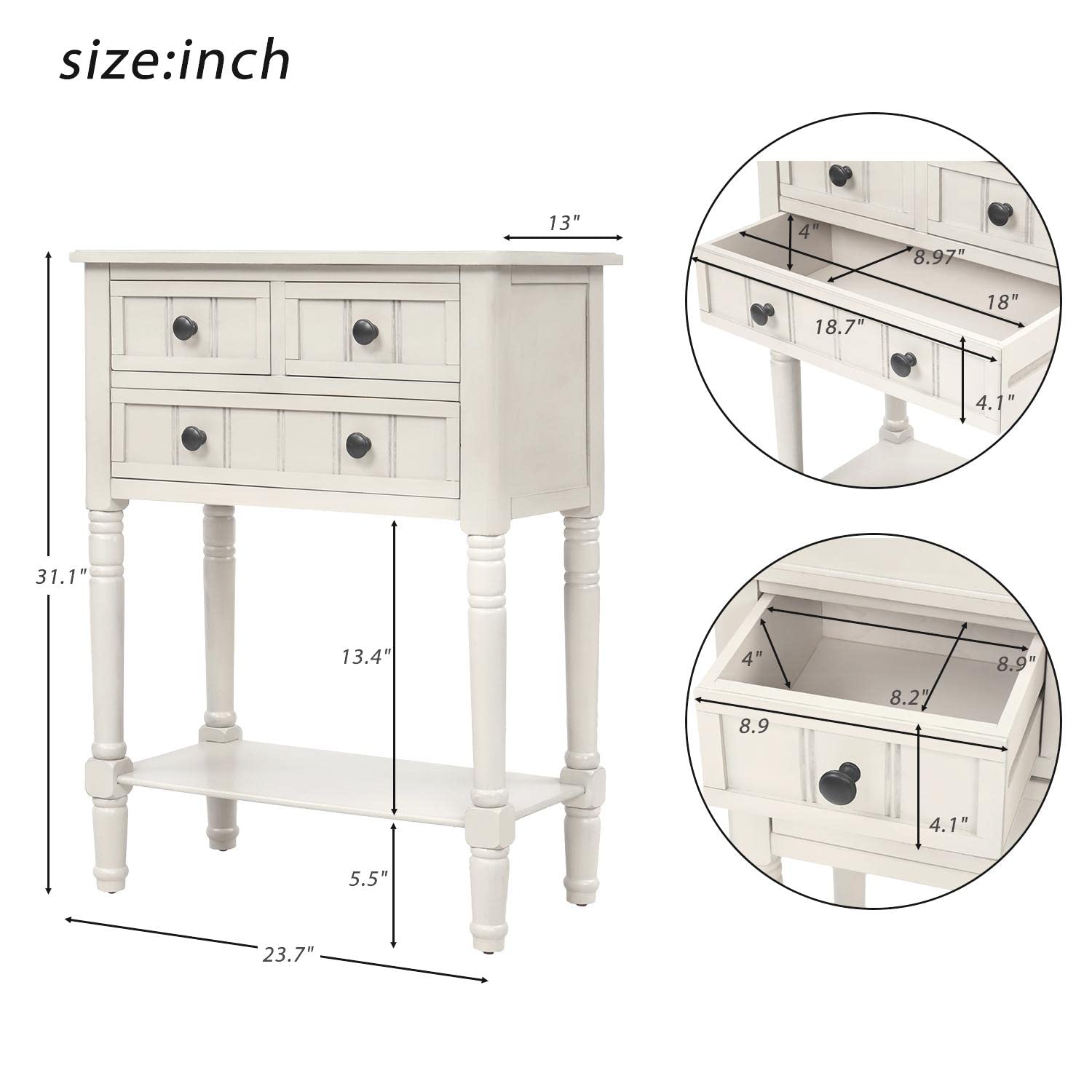 JINS&VICO Ivory Console Table with 3 Drawers & Bottom Shelf - Entryway Sofa Table, Sideboard for Living Room & Dining Room - Perfect for Hallway Storage & Home Decor