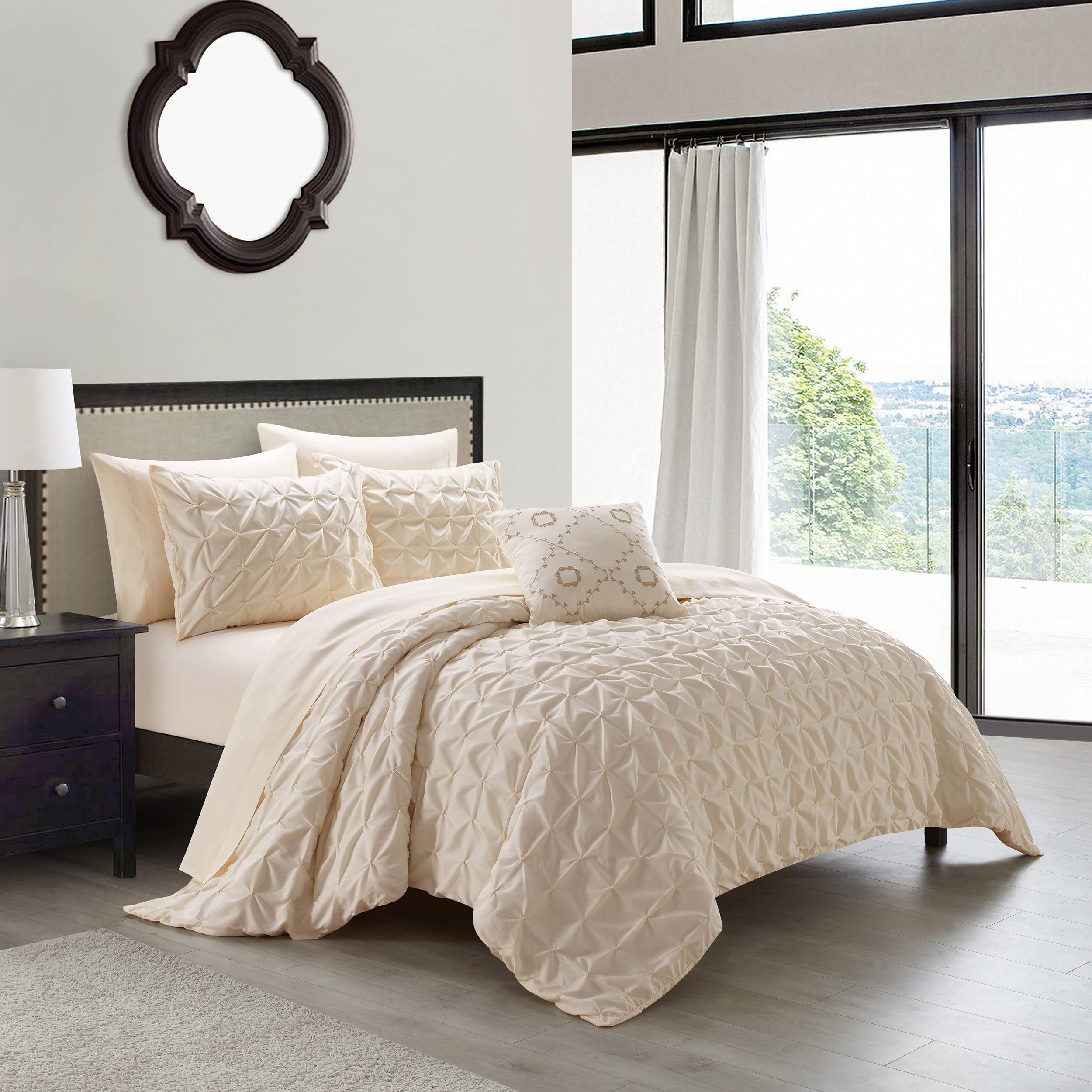 Chic Home Mercer 6-Piece Comforter Set with Pinch Pleat Box Design - Twin Size Beige Bed in a Bag | Includes Sheet Set & Decorative Pillow Sham | Perfect for Guest Rooms, Dorms & Cozy Bedroom Makeovers