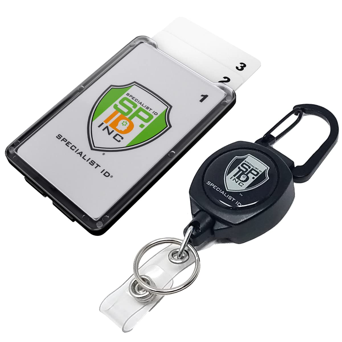 25 Pack Heavy Duty Sidekick Carabiner Keychain with Retractable Reel & 3-Card Polycarbonate ID Badge Holder - Secure Badge Reels for Work, School, Events & Outdoor Activities