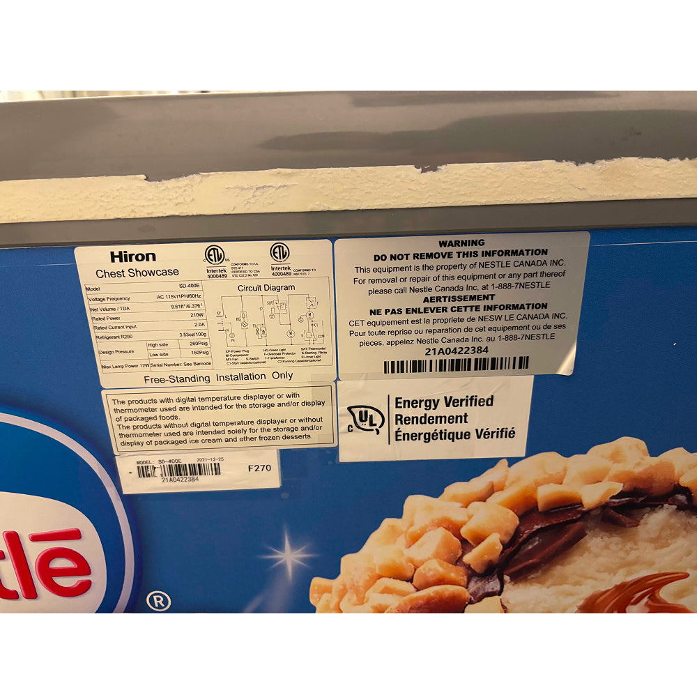 Used Hiron SD 400E 9.61 Cu. Ft. Ice Cream Display Freezer with Nestle Cover - 115V/1 Ph Commercial Chest Freezer for Ice Cream Shops, Restaurants & Retail Stores