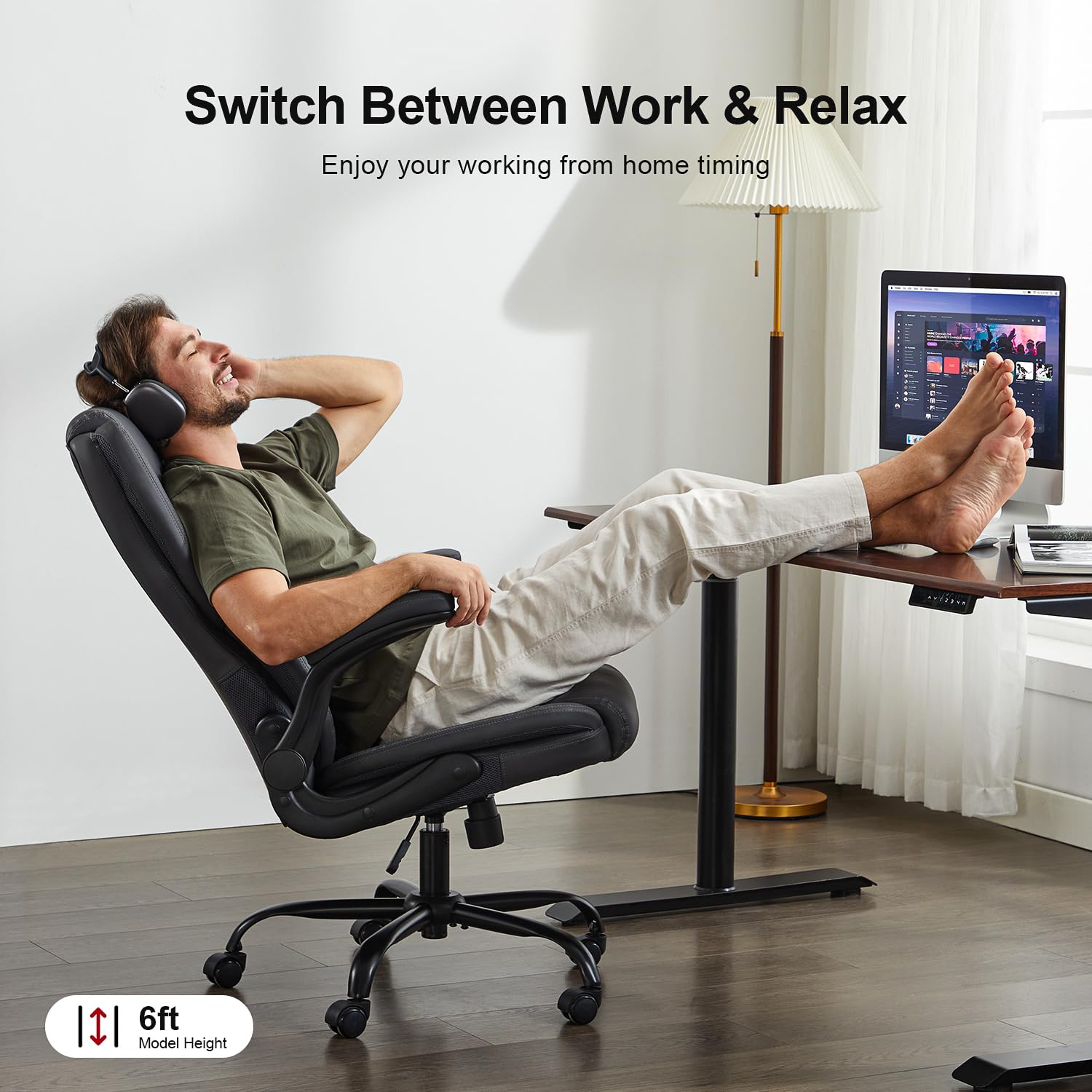 400lbs Heavy Duty Big and Tall Office Chair - Ergonomic Leather Computer Desk Chair with Flip-Up Arms, Adjustable Tilt Lock & Dual Lumbar Support - Swivel Executive Chair for Adults Working from Home or Studying (White) - Perfect for Home Office, Gaming Setup & Long Work Sessions