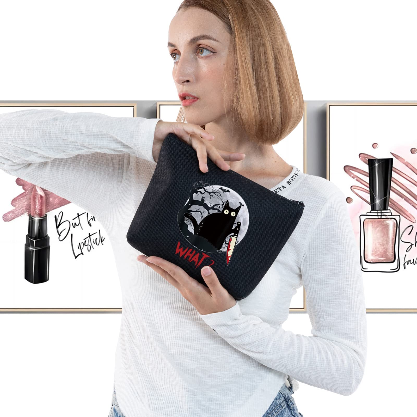 LEVLO Murderous Cat With Knife Makeup Bag - Cute Cartoon Animal Inspired Cosmetic Pouch - Perfect for Travel, Gifts & Daily Use (Black)