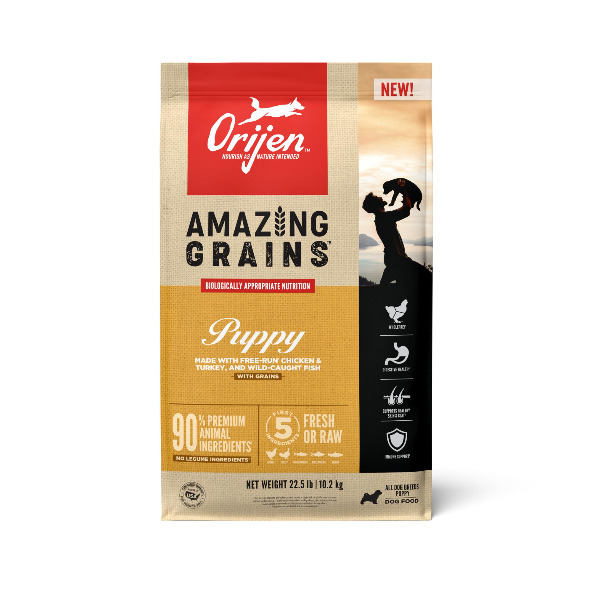 ORIJEN High Protein Puppy Dry Dog Food with Fresh & Raw Ingredients - Grain-Free Formula for Healthy Growth, 22.5lb Bag - Perfect for Active Puppies & Small Breed Dogs