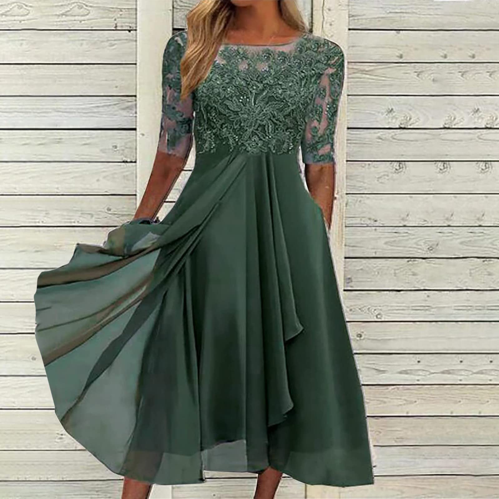 Elegant Floral Lace Tea-Length Cocktail Dress for Women - Chiffon Formal Wedding Guest & Bridesmaid Gown - Perfect for Prom, Parties, and Special Occasions