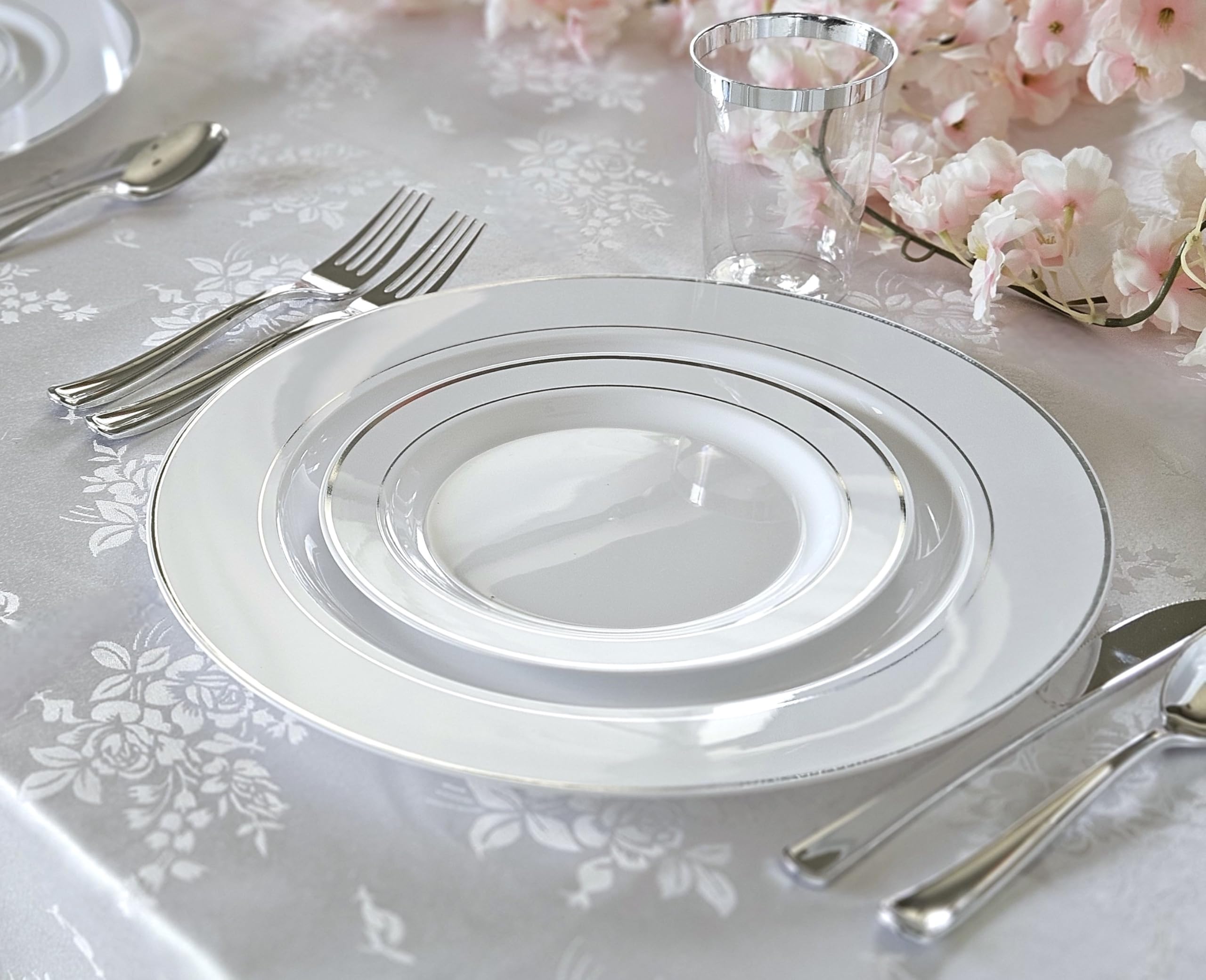 240-Pack Heavyweight Disposable Plastic Plates for Weddings & Parties - 9'' White Luncheon Plates with Elegant Silver Rim - Perfect for Birthday Celebrations, Baby Showers & Catering Events