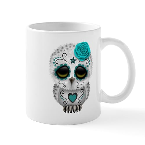 White - Cute Teal Blue Day Of The Dead Sugar Skull Owl Mug