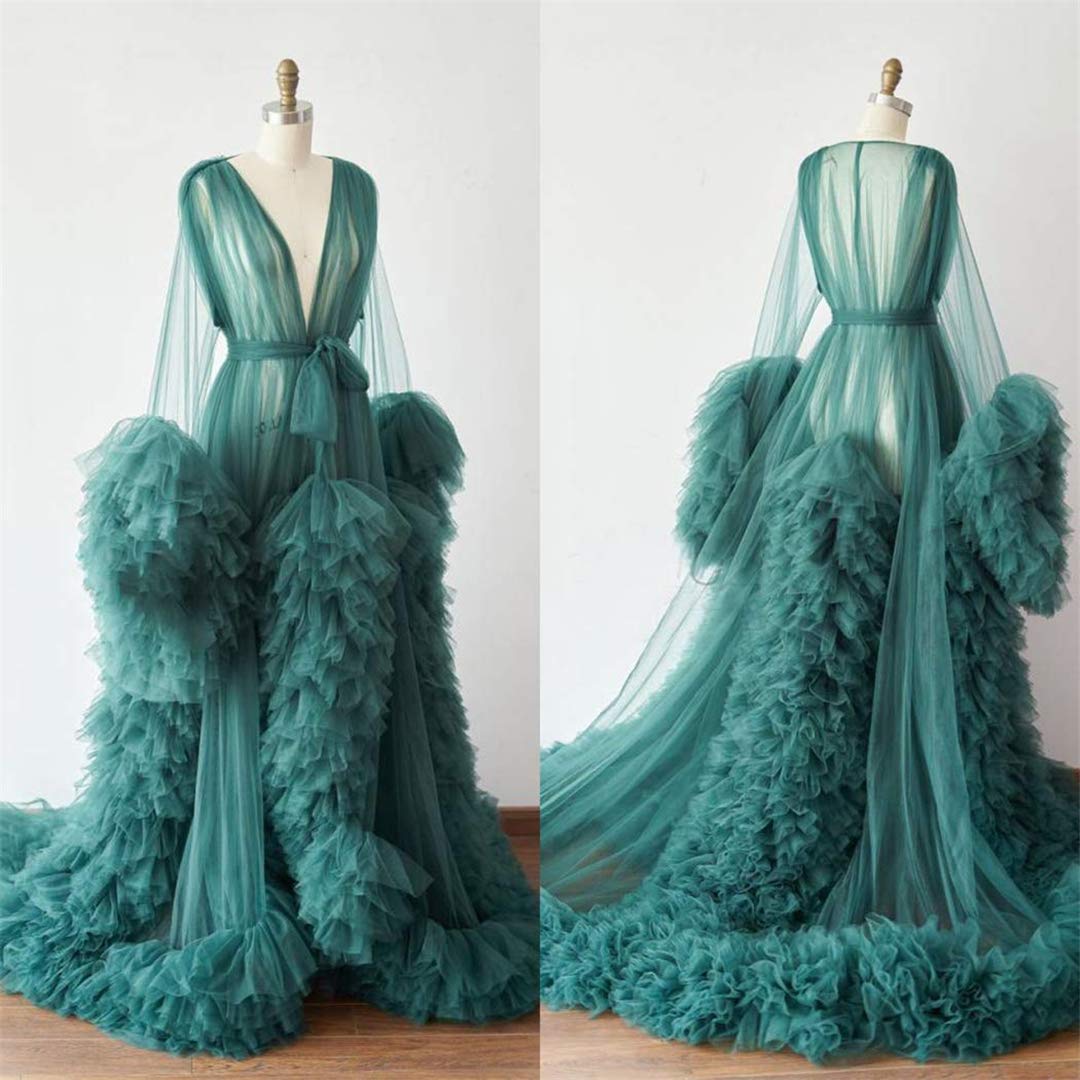 Elegant Tulle Robe - Long Lingerie Bridal Dressing Gown for Wedding, Boudoir Photoshoot & Romantic Nights - Plus Size Puffy Nightgown for Women