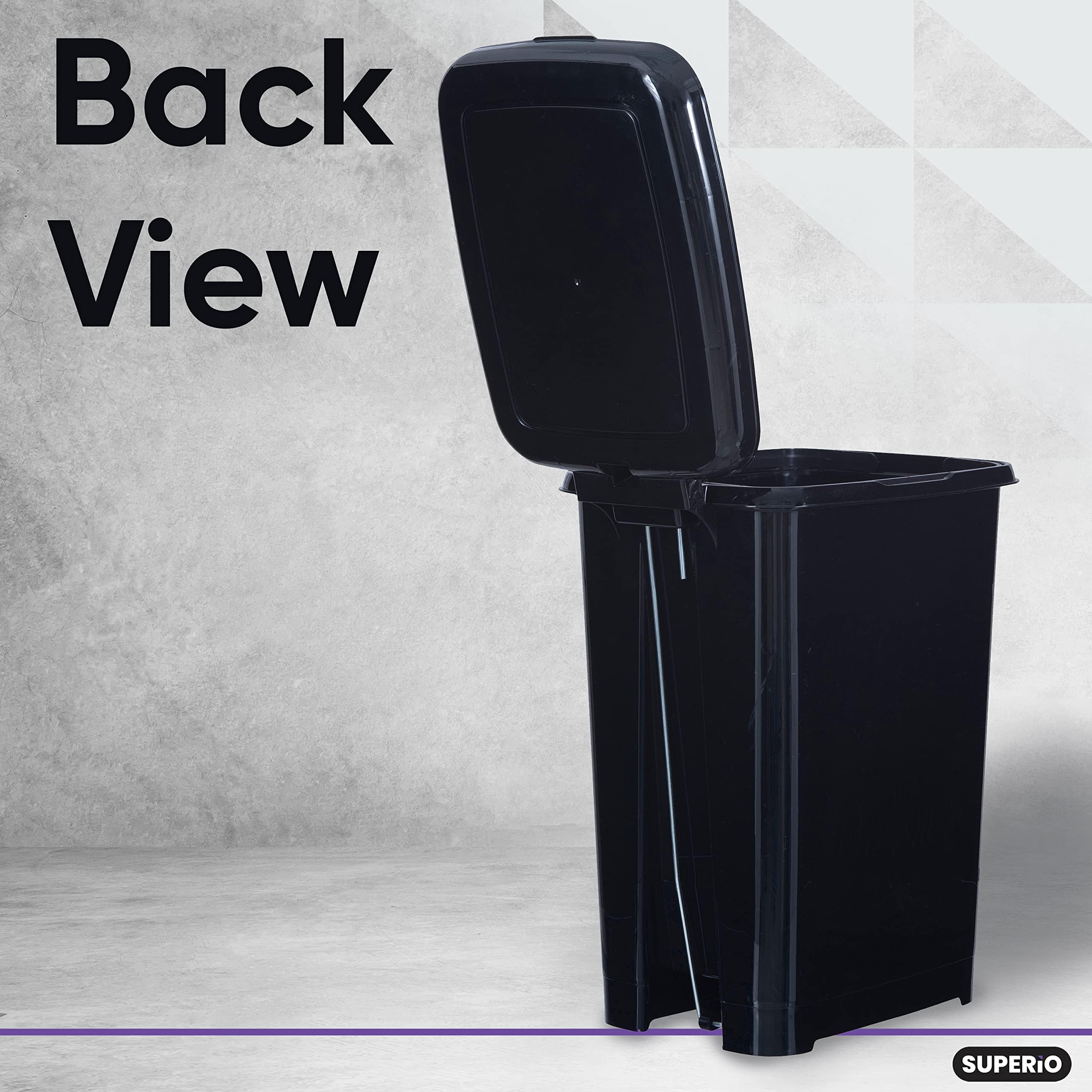 Superio 10.5 Gallon Slim Step-On Trash Can with Lid - Black Plastic Garbage Bin for Kitchen, Bathroom, Office & Outdoor Use - Hands-Free Foot Pedal Design for Convenient Disposal