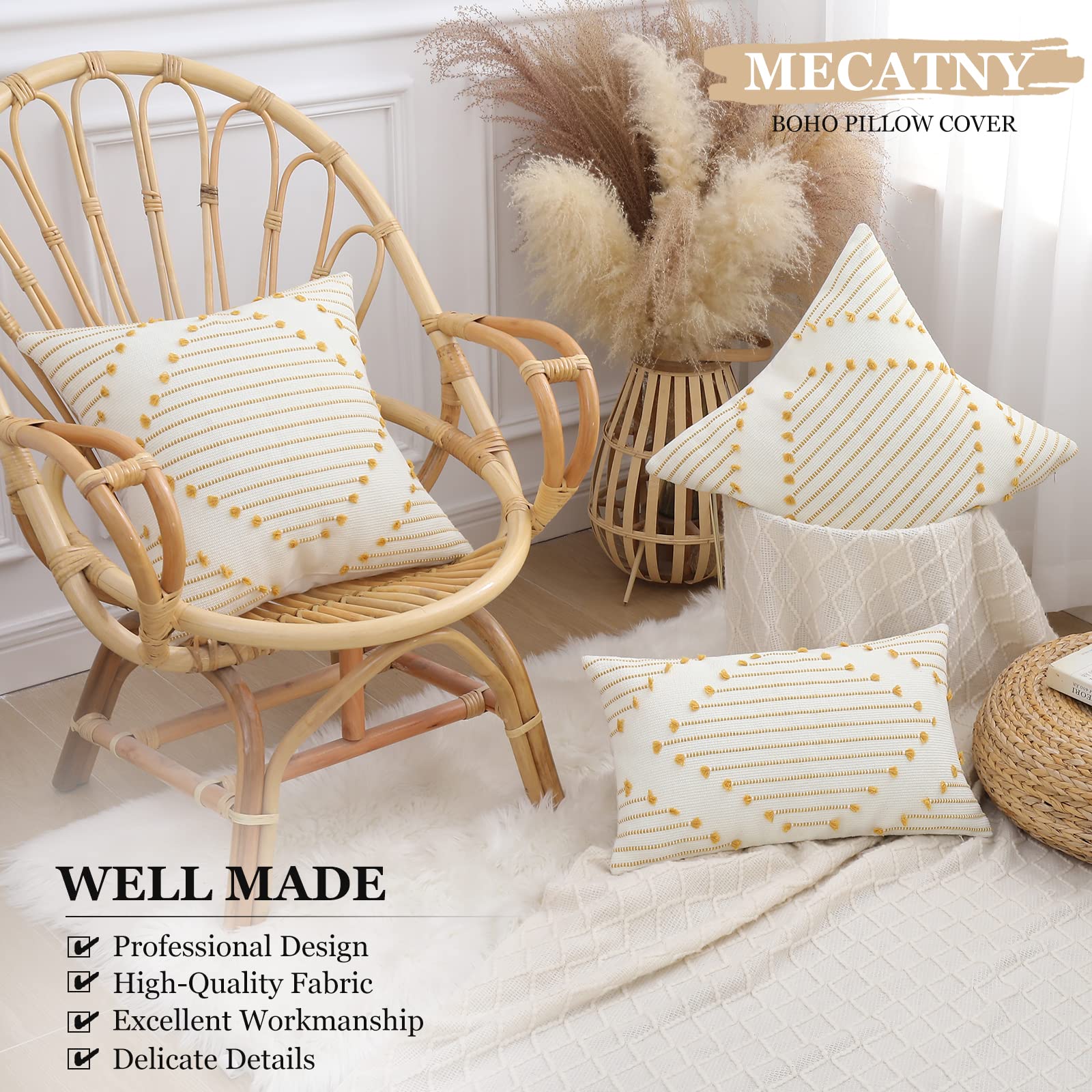 Boho Throw Pillow Covers 12x20 Set of 2 - Farmhouse Lumbar Cushion Covers for Couch, Sofa & Living Room - Yellow & White Striped Bohemian Decor - Perfect for Home, Bedroom & Cozy Spaces