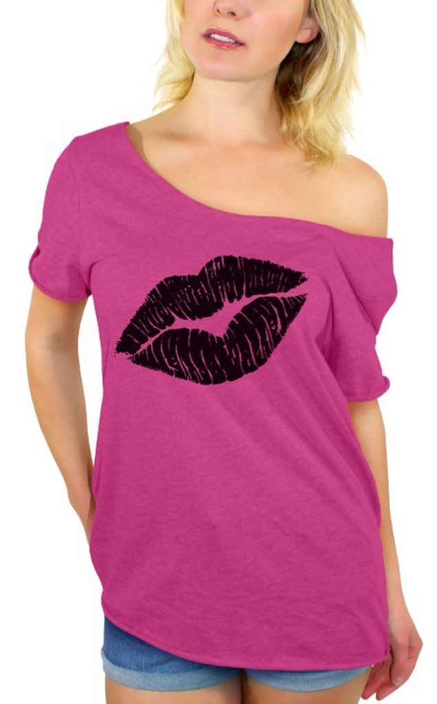 Stylish Women's Black Lips Print Off Shoulder T-Shirt - Trendy Graphic Tee with Free Bookmark Gift | Perfect for Casual Wear, Date Nights & Summer Outfits