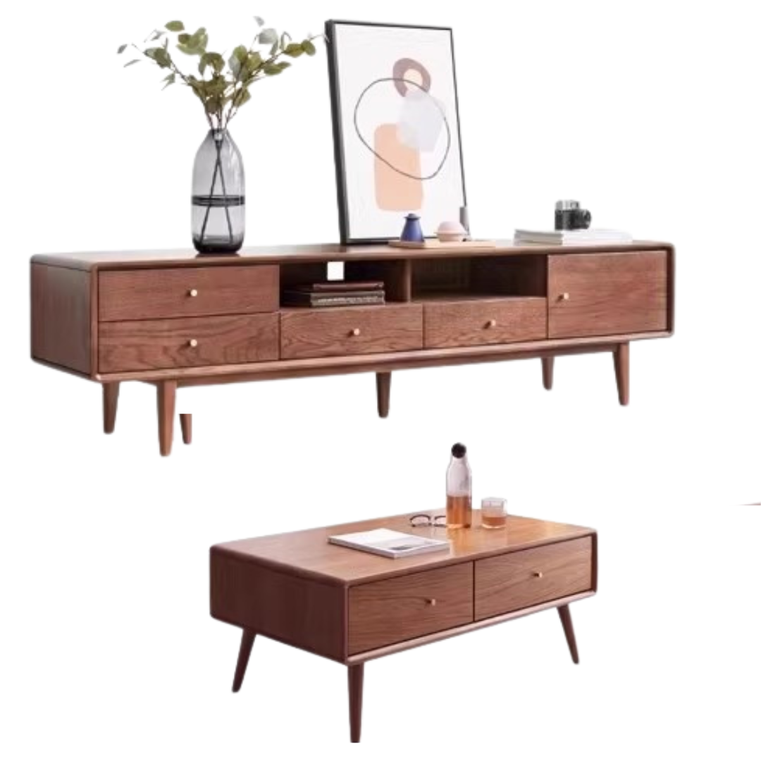 Solid Oak Wood TV Stand - Modern Entertainment Center with Storage Shelves for Living Room, Bedroom & Home Theater