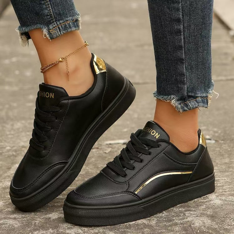 Stylish PU Leather Round Toe Flat Sneakers - Comfortable Women's Casual Shoes for Walking, Work & Everyday Wear