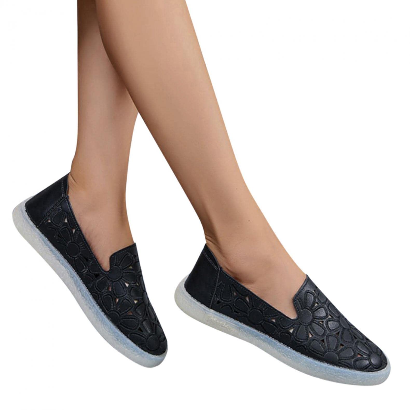 Women's Comfort Loafers - Slip On Floral Cutout Flats with Arch Support | Breathable Hollow Out Design | Soft Round Toe Walking Shoes | Classic Leather Sneakers for Casual Wear, Office & Travel