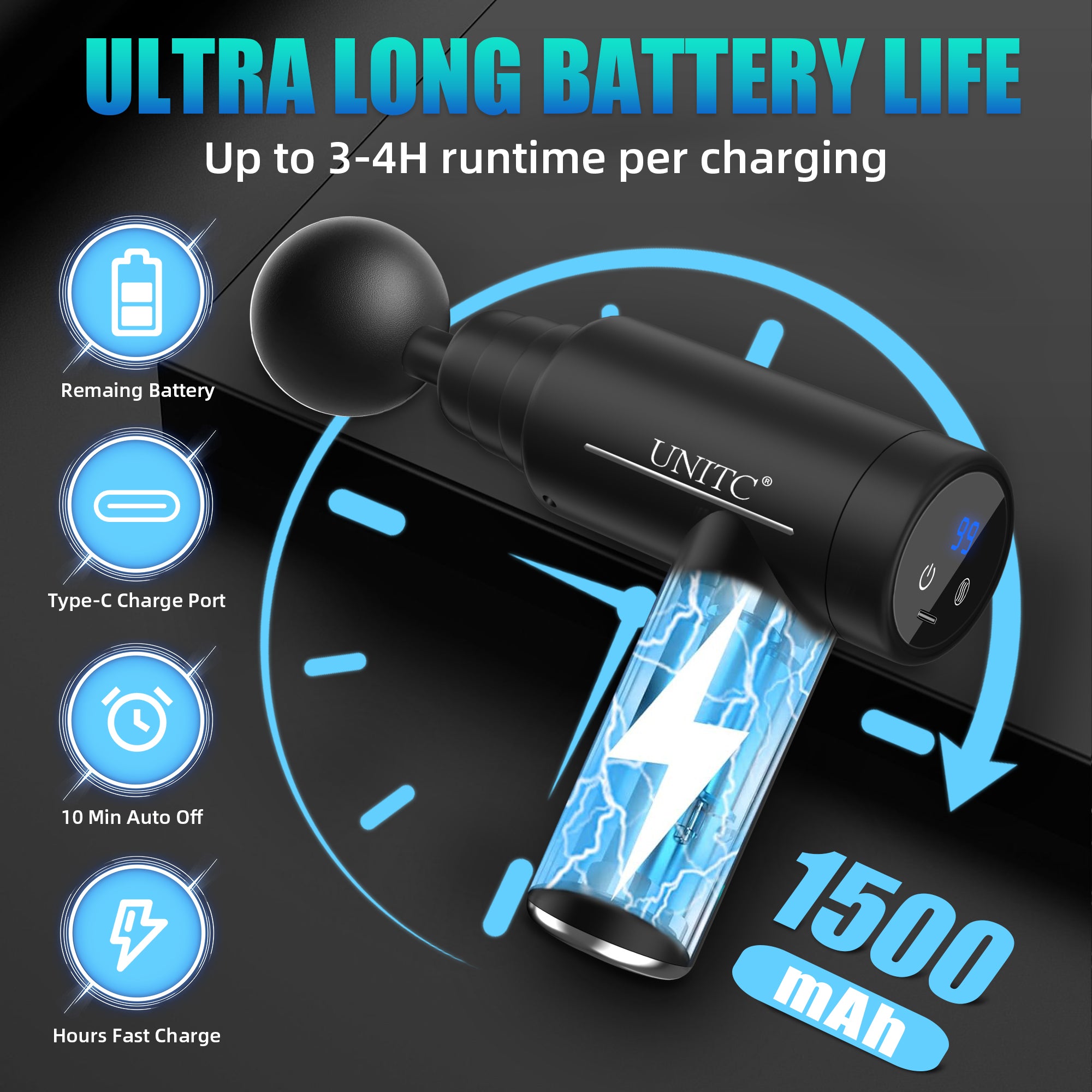 Unitc Handheld Massage Gun with Heat & Cold Therapy - Deep Tissue Massager for Back, Neck & Muscle Pain Relief - 6 Interchangeable Heads - Perfect Gift for Athletes & Office Workers - Use for Post-Workout Recovery & Stress Relief