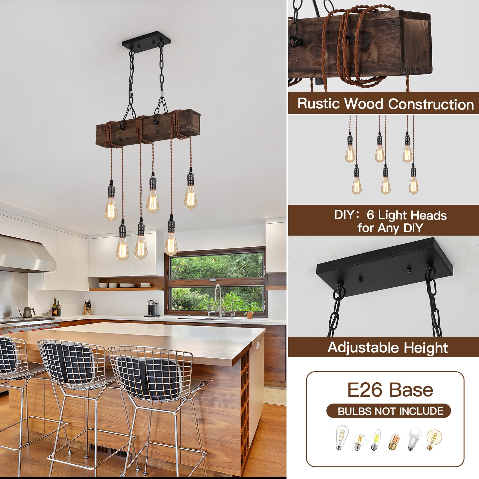 KEESFU 6-Light Farmhouse Wooden Chandelier - Adjustable Rustic Ceiling Pendant Light for Kitchen Island, Dining Room, Bar, Pool Table & Cabin - Perfect for Country Style Home Decor