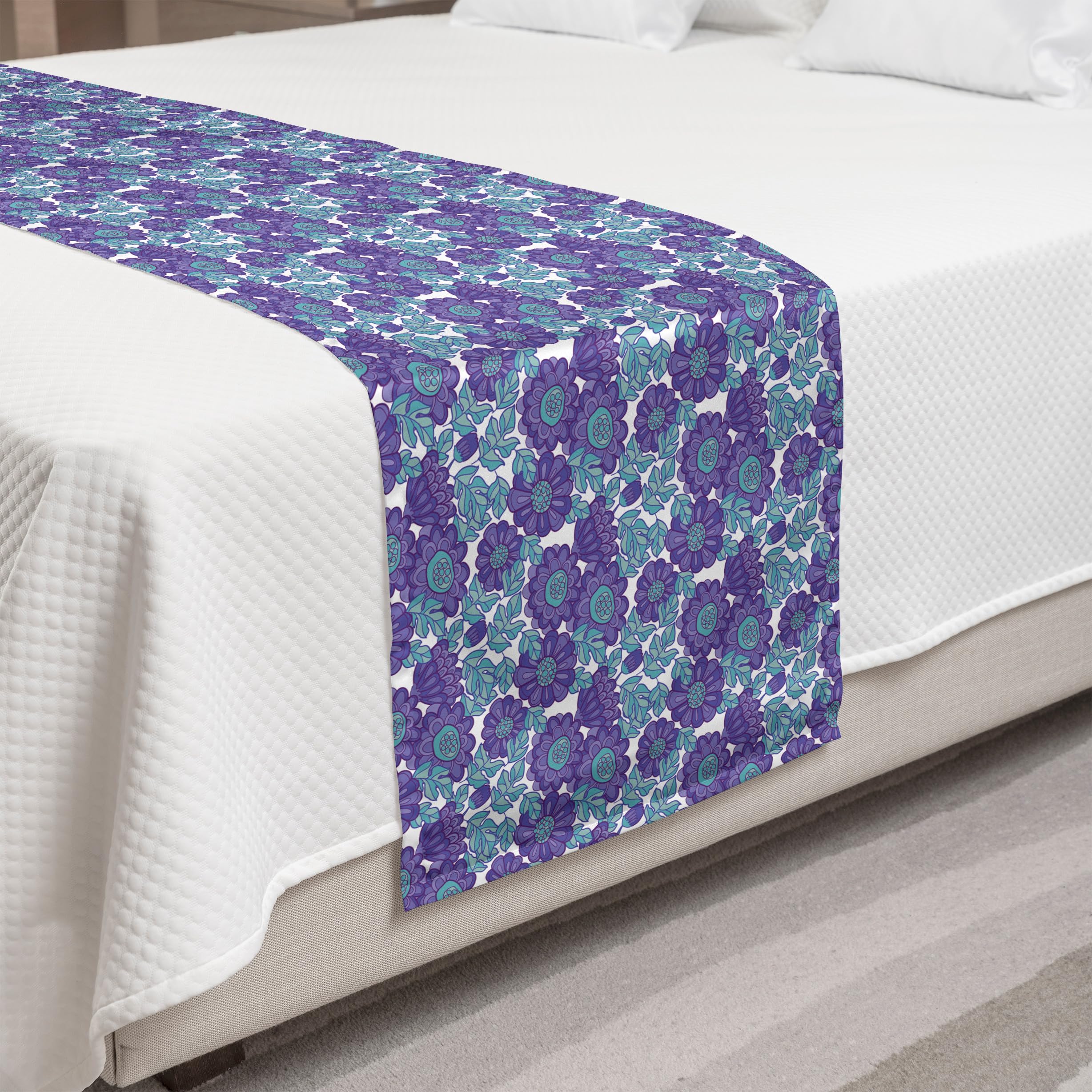 Ambesonne Floral Bed Runner - Purple Cartoon Chrysanthemum Pattern, Decorative Bed Scarf for King Size Beds, Hotels & Guest Rooms in Pale Seafoam Blue Violet | Elegant Bedroom Decor & Home Styling Accessory