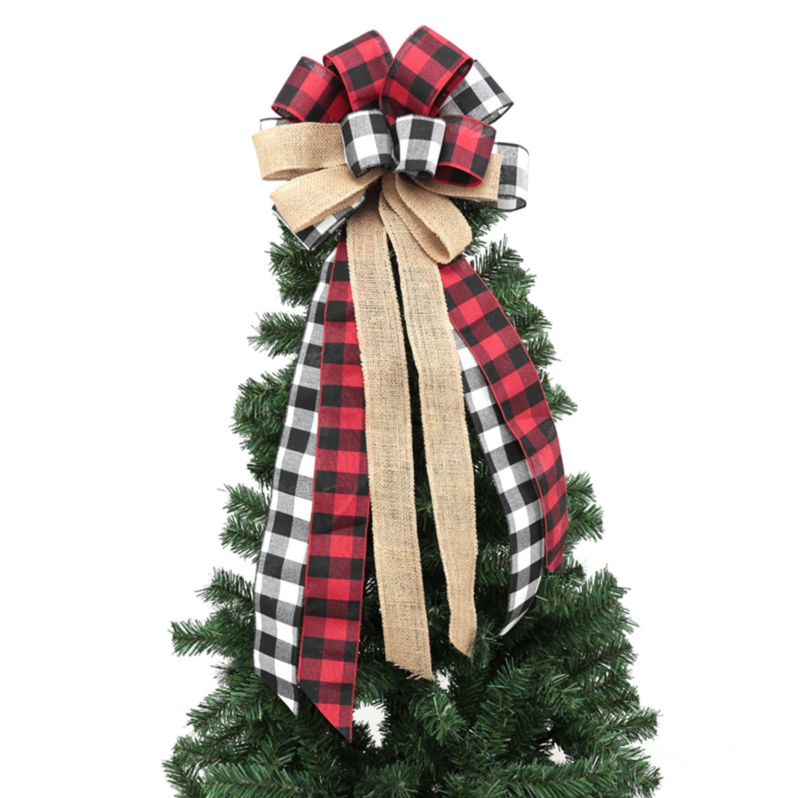 Red and Black Buffalo Plaid Christmas Tree Topper Bow with Streamers - Rustic Burlap Wreath Bow for Farmhouse Holiday Decor, Xmas Tree Topper, Christmas Party & Home Decoration (Red Plaid) - Perfect for Fireplace Mantels, Front Door Wreaths & Festive Tablescapes